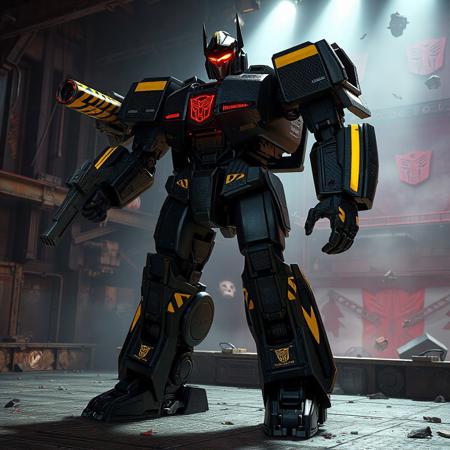 "Ultra-detailed 3D render of Transformers Machina Possesstorage, a towering mechanoid with jet-black carbon-fiber armor accented by neon-yellow hazard striping, standing in a combat-ready stance on a corroded steel stage within the Abyss Playhouse - Fantastic Theater. Its right arm mounts a glowing plasma cannon charging with crimson energy, while the left arm features a compact railgun with holographic targeting reticles. The robot's angular head glows with a scarlet visor piercing through hydraulic smoke, casting dramatic shadows across its industrial chassis. The theater backdrop features collapsing cyber-baroque architecture, floating holographic kabuki masks, and debris suspended in zero-gravity fields. Dramatic Dutch angle shot with Unreal Engine 5 ray tracing, Octane Render hyper-detailed textures, and Raphael-style chiaroscuro lighting. Metallic surfaces reflect neon spotlights and digital glitches, while splash ink weathering blends with Houdini particle simulations for a dieselpunk-meets-cyberpunk aesthetic. 8K resolution, ArtStation-trending composition, golden ratio framing, dominated by obsidian black, electric yellow, and emergency red with chromatic sci-fi aberrations."