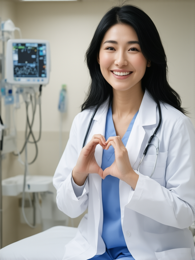 masterpiece,best quality,4k,(cowboy shot), 1girl, (sideways v:1.4), smiling beautiful Japanese female doctor wearing white labcoat over scrubs, sitting, beautiful detailed face, black hair, pale skin, realistic skin, detailed cloth texture, detailed hair texture, Perfect proportion, accurate, Anatomically correct, Highly detailed face and skin texture, modern hospital room, photorealistic, looking at looking at viewer,(cowboy shot), 1girl, (making heart with hands), smiling beautiful Japanese female doctor wearing white labcoat over scrubs, sitting, beautiful detailed face, black hair, pale skin, realistic skin, detailed cloth texture, detailed hair texture, Perfect proportion, accurate, Anatomically correct, Highly detailed face and skin texture, modern hospital bed, photorealistic, looking at viewer