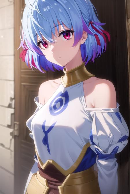 rutiragnason, <lora:ruti ragnason s1-lora-nochekaiser:1>,
ruti ragnason, short hair, (red eyes:1.3), ribbon, blue hair, hair ribbon, ahoge,
BREAK dress, bare shoulders, detached sleeves, armor, breastplate,
BREAK outdoors,
BREAK looking at viewer, (cowboy shot:1.5),
BREAK <lyco:GoodHands-beta2:1>, (masterpiece:1.2), best quality, high resolution, unity 8k wallpaper, (illustration:0.8), (beautiful detailed eyes:1.6), extremely detailed face, perfect lighting, extremely detailed CG, (perfect hands, perfect anatomy),