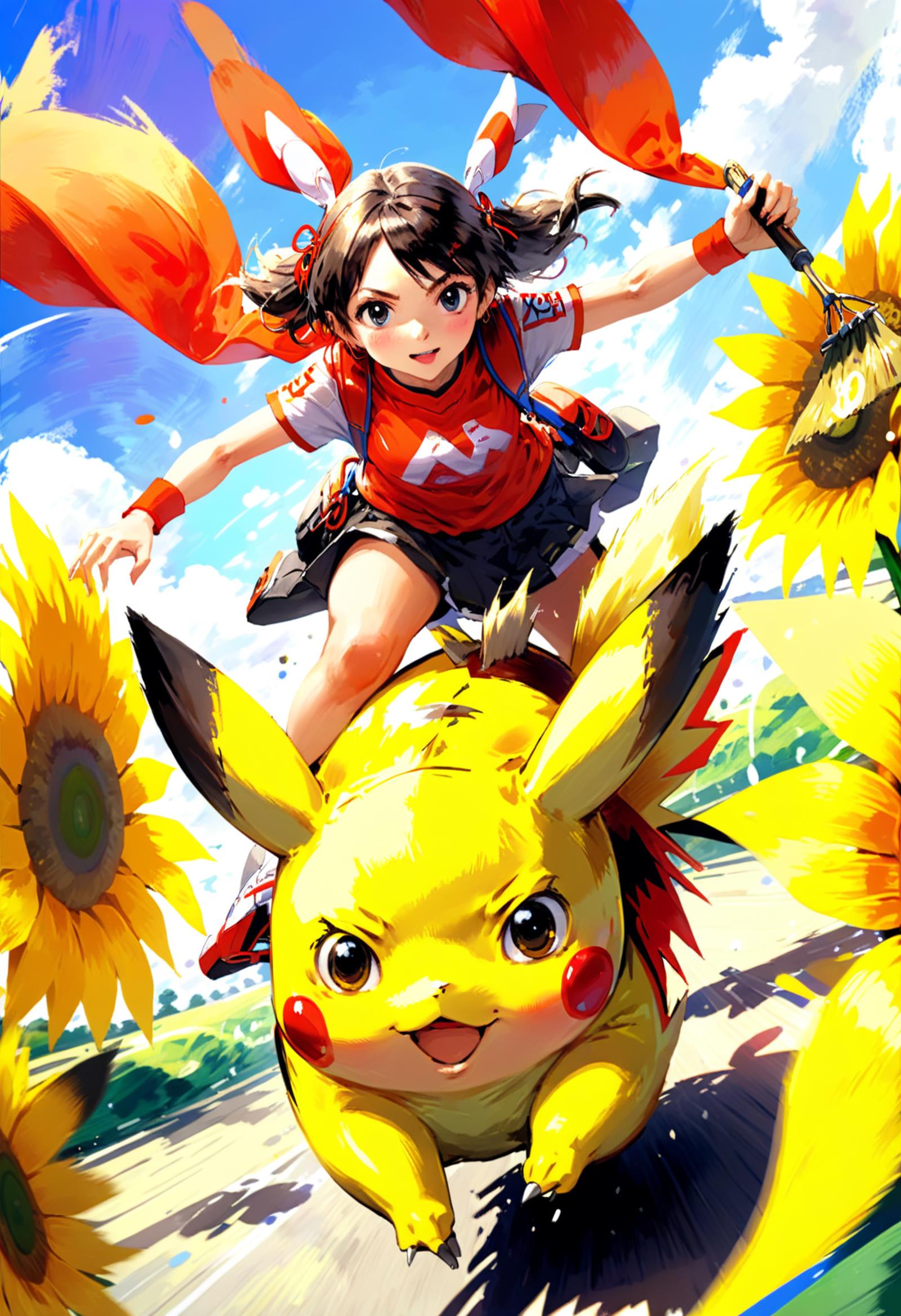 A young girl riding a yellow and black Pokemon character