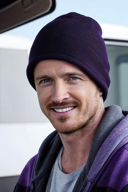 Pinkman, man with blue eyes, short brown hair, facial hair, smiling, wearing a purple hoodie, in front of a white trailer  <lora:FRNK_Pinkman:0.7>