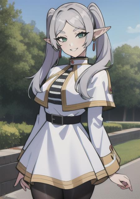 <lora:frieren:0.7>, frieren, 1girl, solo, long hair, breasts, looking at viewer, smile, bangs, long sleeves, dress, twintails, jewelry, green eyes, grey hair, pantyhose, cowboy shot, earrings, outdoors, parted lips, day, pointy ears, striped, belt, white dress, grin, arm up, black pantyhose, capelet, elf, arm behind back, black belt, white capelet ,