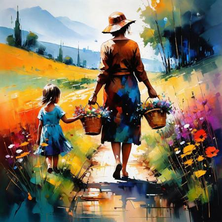 grandmother and granddaughter picking flowers by Thomas Wells Schaller :: Leonid Afremov :: Carne Griffiths :: Russ Mills :: vibrant deep colors