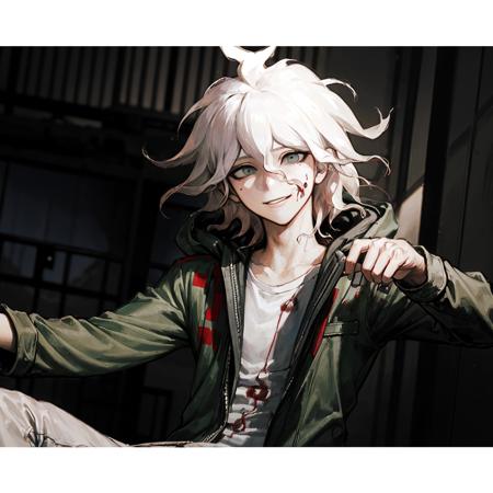 komaeda_nagito,  1boy, solo, masterpiece, best quality, smiling,  in a mental asylum, dim lighting, blood splatter, horror, creepy, hospital bed