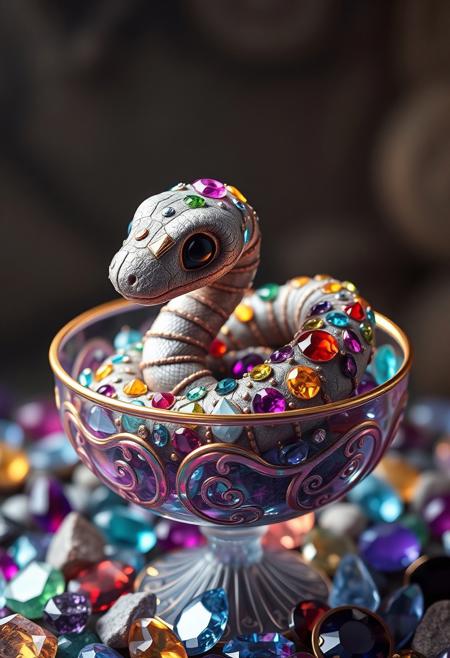 A hyper-stylistic, extremely detailed image depicts an adorable jewel-covered rock snake, reminiscent of a Pixar film, coiled in a stunning goblet filled with precious gems. The snake's rocky body is loaded with shiny jewels, each one perfectly placed to create a dazzling display of color and light. Its scales glimmer and shine like polished gemstones, and its tiny, sparkling eyes seem to twinkle with delight. The goblet itself is a masterpiece of craftsmanship, with delicate, swirling patterns and a rim that shines like molten gold. Every detail of the scene is meticulously crafted, from the subtle, nuanced colors of the gems to the intricate, textured patterns on the snake's rocky scales. The overall effect is one of breathtaking, whimsical wonder, as if the viewer has discovered a hidden treasure trove of magic and enchantment. highest-Quality, intricate details, visually stunning, Masterpiece
