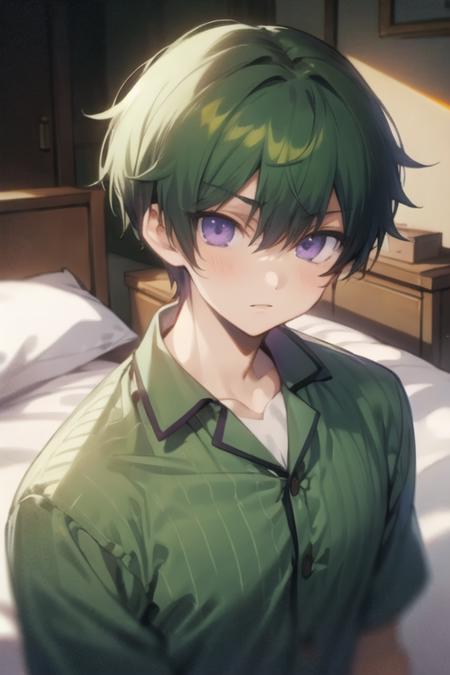 masterpiece, best quality, high quality, 1boy, solo, male focus, looking at viewer, upper body, <lora:takaharu_ootomo:0.60>, takaharu_ootomo, purple eyes, green hair, , pajamas