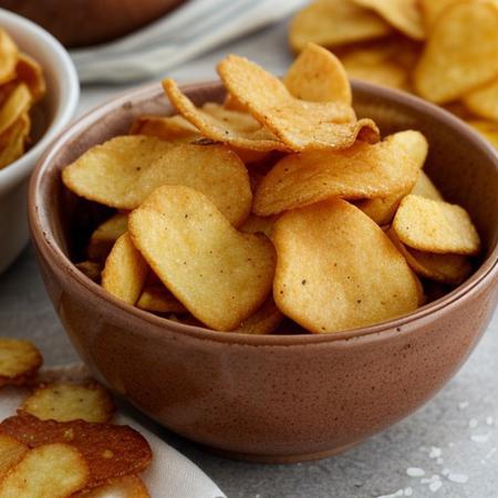 A close-up of crispy, golden honey butter chips piled high in a bowl. Each chip has a delicate sheen from the sweet honey glaze, with specks of buttery goodness visible on the surface. The edges of the chips are slightly curled and crispy, with a perfect balance of salty and sweet flavors. The setting is cozy and inviting, with warm, soft lighting reflecting off the chips, evoking a comforting snack-time atmosphere.