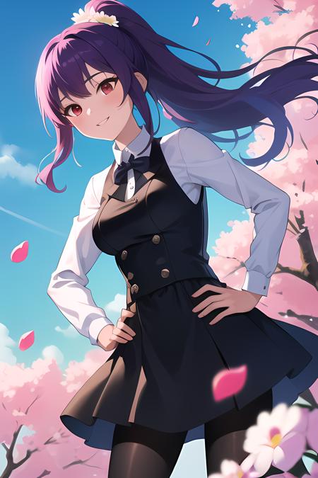 (masterpiece, best quality, high quality, highres, ultra-detailed),1girl,solo focus,solo,medium breast,red eyes,purple hair,long ponytail,petals,flower hair ornament,happy,blue sky,dress shirt,black pantyhose,hand on hip,well drawn hands,