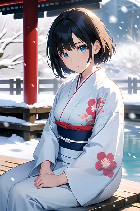 1girl, solo, looking at viewer, short hair, bangs, blue eyes, black hair, long sleeves, sitting, closed mouth, outdoors, japanese clothes, wide sleeves, kimono, water, sash, obi, floral print, snow, snowing, white kimono, print kimono