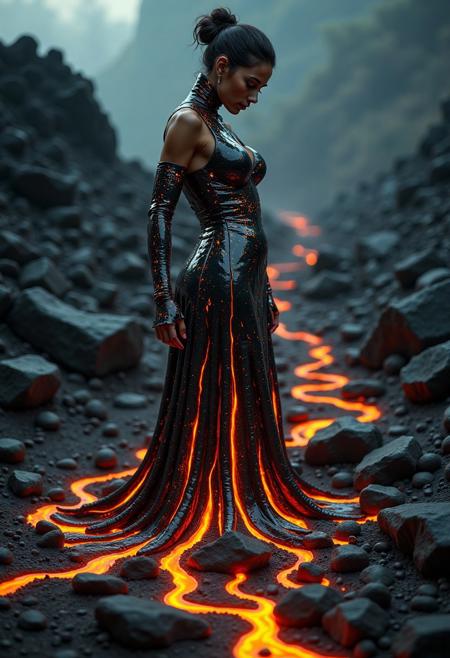 artistic photography portrait half body female godlike concubine with perfect curvy body wearing a dress made out of liquid lava and glowing ash, the flowing lava dress is merging into the ground, mysterious atmosphere,dull side light,cinematic masterwork