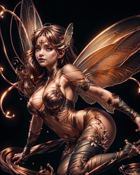 ((Best Quality, Masterpiece, Dynamic Angle, Perfect Focus)), 1girl, (((Fairy, Fairy_Wings, Mature Female))), ((dark, black Theme)) Cute pinup pose, looking at viewer, made out of ral-copperwire <lora:ral-copperwire:1> ral-copperwire