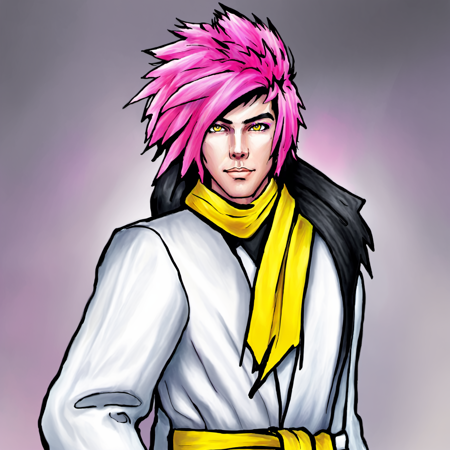 solo, 1boy, two tone hair, pink hair, black hair, male focus, white ribbon, spiked hair, mullet, white scarf, jumpsuit, yellow jumpsuit, masterpiece, official art, best illustration, tone mapping, specular highlights,