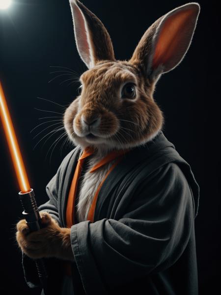 a close-up of gorgeous rabbit jedi with a carrot lightsaber in his hands, in an image filled with deep darks in the style of an analog film grain, hdr, extremely detailed, 8k, 35mm photograph, amazing natural lighting, brilliant composition