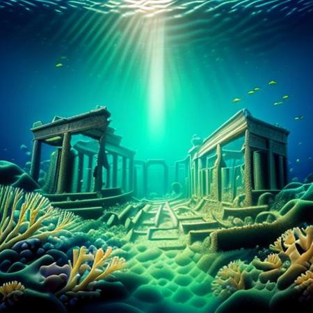((((hiperrealistic)))), ((((high quality)))), ((((underwater)))), ocean monument, (((ruined underwater city))), fishes, ((fish bank)), ((coral reef)), ((glowing beneath the waves)), UnSea