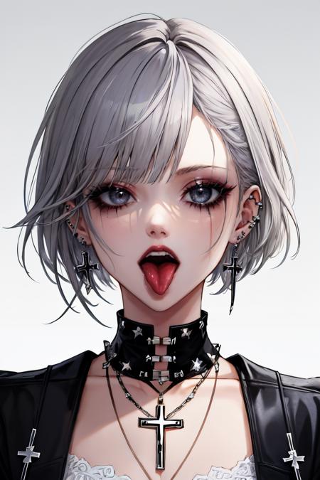 runny makeup, grey eyes, portrait, 1girl, grey hair, runny lipstick, cross, solo, ear piercing, simple background, earrings, white background, necklace, piercing, eyelashes, short hair, open mouth, jewelry, tongue, cross earrings, tongue out, tongue piercing, looking at viewer
 <lora:runny_makeup:1>