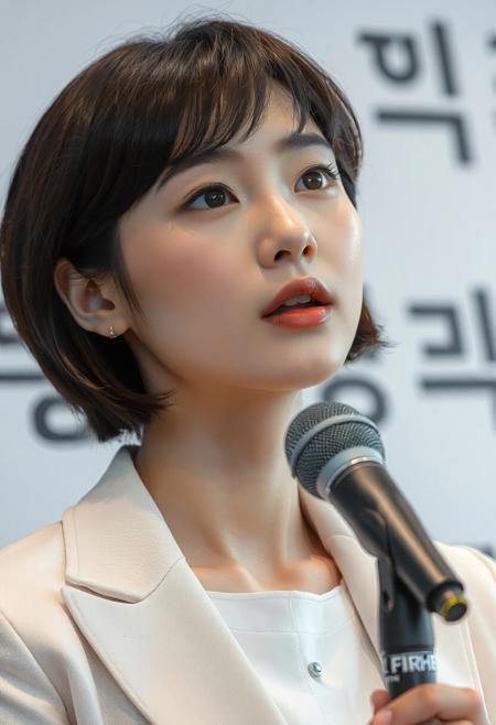 DSLR-style, elegant 26-year-old Korean model, dark eyes, extremely milky white skin with porcelain glow, smooth and luminous, flawless soft matte finish with light reflecting quality, Korean idol skin tone, subtle gradient from center to jawline, extremely pale white skin, parted lips, masterpiece, ultra high-resolution  
A close-up, eye-level shot captures a person with short, dark hair speaking into a microphone. They are dressed in a light-colored blazer over a white top, with a small metallic emblem visible on the lapel. Their mouth is slightly open as if in mid-sentence, and their gaze appears to be directed slightly upwards and to the right, suggesting they are addressing an audience or looking at a screen. The background is softly blurred, showing hints of a white wall with dark lettering, implying an indoor setting like a press conference or official meeting. The lighting is bright and even, highlighting their features.