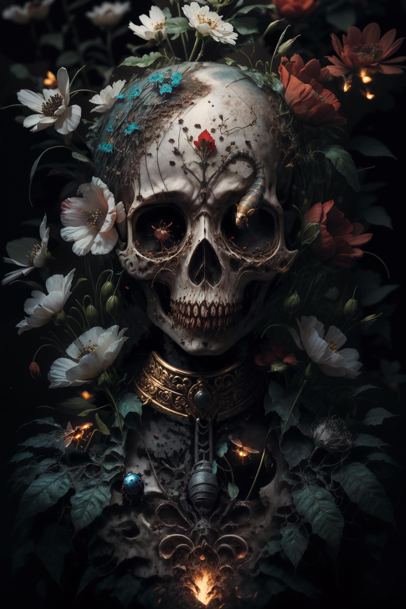 A skull with flowers and a snake as a necklace.