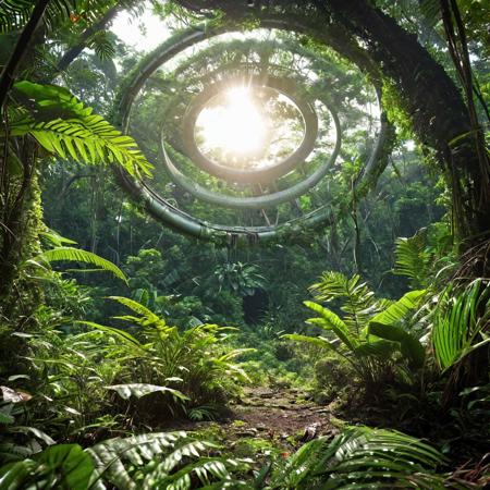 deep in a jungle, a single alien portal, establishing shot