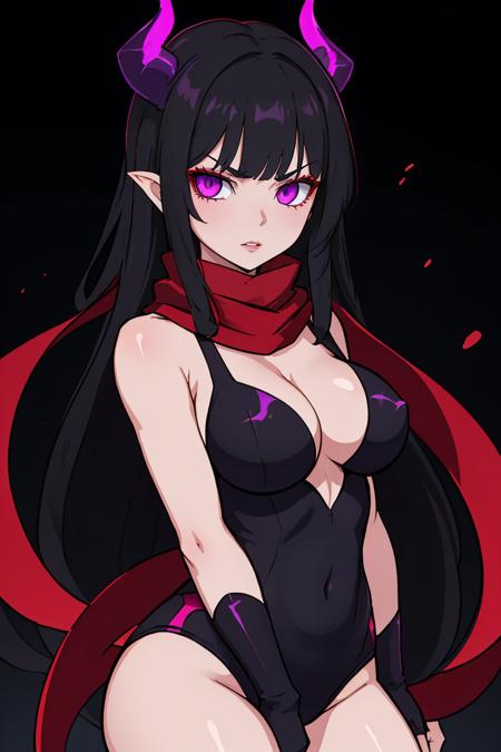 masterpiece, best quality,,  <lora:BloodsplashOCv1-000050:0.8> ,Bloodsplash, 1girl, demon girl, succubus, long hair, looking at viewer, very long hair, red scarf, cowboy shot, large breasts, standing, parted lips, black hair, purple eyes, seductive, glare, glowing eyes, assertive female