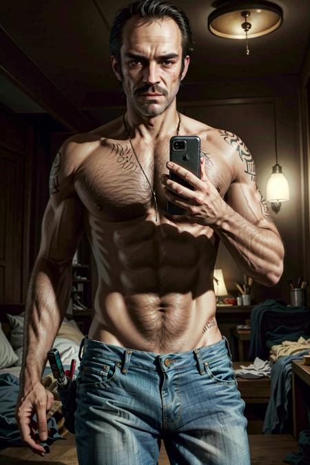 TrevorGTA, 1boy, male focus, solo, realistic, tattoo, phone, facial hair, denim, topless male, pants, jeans, black hair, cellphone, beard, nipples
,masterpiece, best quality, cinematic lighting,
<lora:epi_noiseoffset2:1>,   <lora:TrevorGTA:0.7>