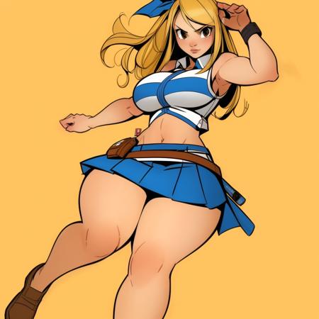 (masterpiece, best quality:1.3), Wellington Phelippe, 1girl, solo, looking at viewer, mature female, thick thighs, simple background, large breasts, wide hips, blonde hair, (light brown eyes), lucy heartfilia, long hair, white shirt, sleeveless, belt, blue skirt, full body, midriff, <lora:lucy_heartfilia_v11:.8>   <lora:Wellington Phelippe Style Lora:.9>