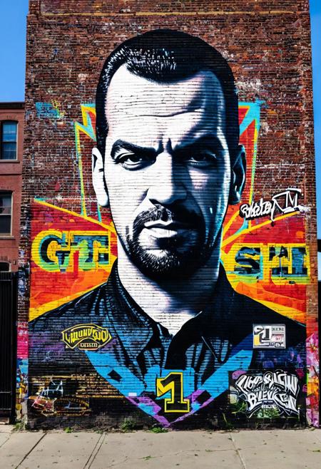 Centered, Ed Roth artist, a vibrant mural painted on a brick wall in an urban setting. The foreground is dominated by a large, stylized portrait of GTA IV's niko bellic, rendered in bold, multicolored lines and shapes. The background features other graffiti art, including various tags and other less defined images on the weathered brick wall. There are also other markings and posters on the wall to the left of the main image. The setting appears to be a street scene, judging by the sidewalk at the bottom of the image