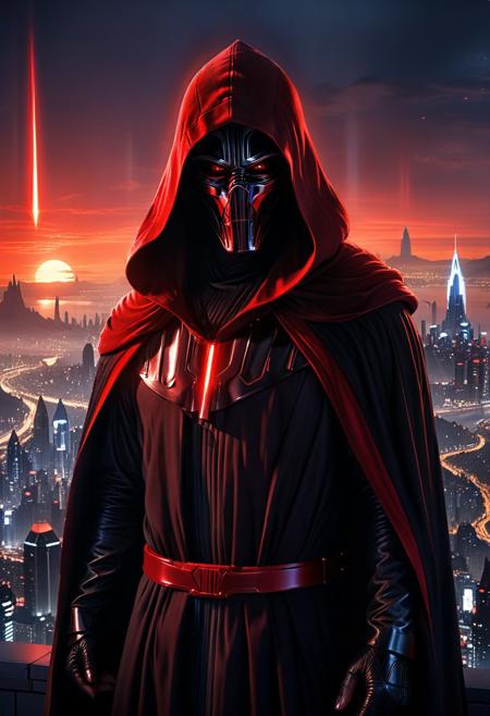 score_9, score_8_up, score_7_up, score_6_up, score_5_up, score_4_up, (absurdres, best quality, masterpiece:1.4), illustration, photorealistic, cinematic lighting, dynamic angle, perfect composition, dark robes, hooded silhouette, distant city lights, towering buildings, Coruscant, futuristic cityscape, night, red glow, evil aura, Sith Lord