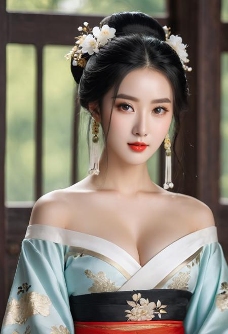 realistic ,RAW photo, best quality, masterpiece, extremely detailed ,CG ,unity ,8k wallpaper, finely detail,  ultra-detailed, highres, beautiful detailed eyes, staring, black hair, extremely detailed eyes and face, sexy posing, hanfu, bare shoulder, smirk, ming style, tang style, song style, jin style), han style