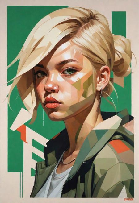 abstract 1998 european blond hiphop girl by sachin teng x supreme, attractive, stylish, designer, green, asymmetrical, geometric shapes, graffiti, street art