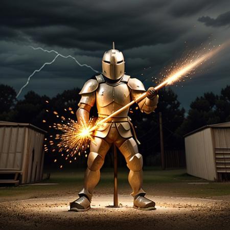 Wooden knight shooting lightning from his hands at power poles, 8k extreme detail, Outside, standing next to a metal machine, realistic, perfect, no mistakes,