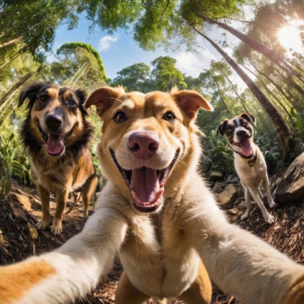 Three dogs posing for a photo together in the woods.
