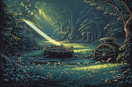 blue sky,night,evening,sunbeam, crystal,watercraft, wood ,dappled sunlight , <lora:Ivan_Shishkin:0.5>, grass, field, forest, ivnshshkn, , gradient sky, <lora:dan_mumford:0.7>,