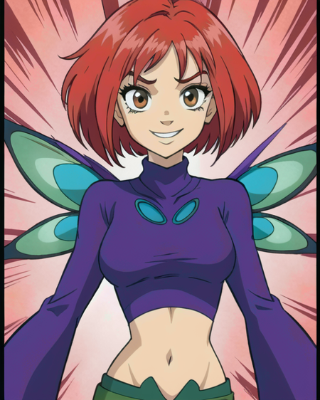 Will, short red hair, brown, solo, standing, upper body, smiling, 
Vandom,midriff ,wide sleeves, green-blue striped pantyhose, purple turtleneck, purple boots,  navel,  miniskirt, 
fairy wings, 
(insanely detailed, beautiful detailed face, masterpiece, best quality) cinematic lighting,  <lora:WillVandom:0.7>