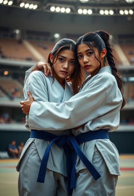 2girl, cinematic composition, A black belt in white judo and a black belt in blue judo, judo pants, judo ground, stadium, sweating,  Ippon Seoi Nage  , highly detailed, 4k resolution, ultrarealistic, real photo, detailed skin, photorealistic, high quality, sharp focus