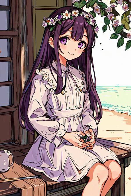 masterpiece, intricate detail,best quality, <lora:AidaIro:0.7>1girl, , flower, long hair, head wreath, sitting, purple hair, brown hair, purple eyes, holding flower, dress, holding, short hair, daidouji tomoyo, brown eyes, bangs, white dress, smile, long sleeves, shirt, closed mouth