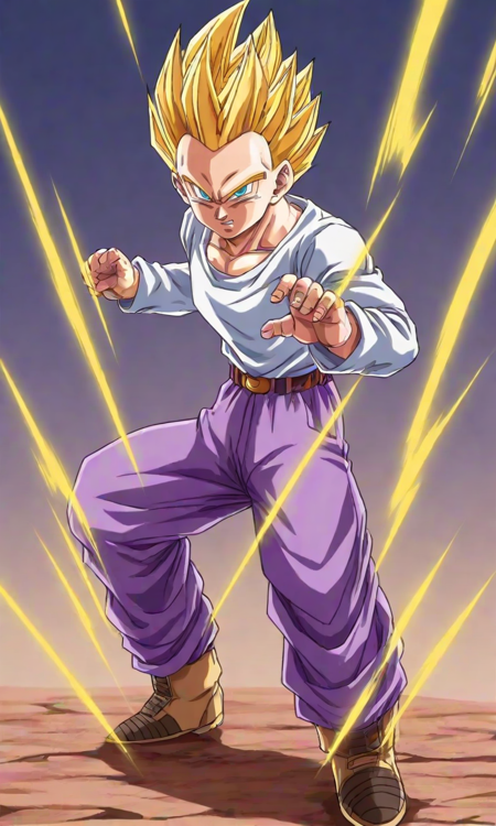 Goten, spiky hair, yellow hair, super saiyan, blue eyes, white long sleeved shirt, purple t shirt underneath, lavender chino pants, light beige golden boots, solo