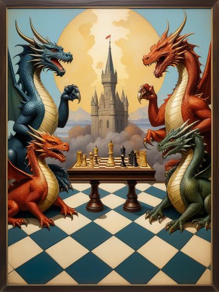 <lora:04Vintageillustration_Hap_XL:1>,Norman Rockwell style,vintage poster, Dragon-themed chess pieces arranged on an aged wooden chessboard, each piece taking the form of different dragons from fantastical lore, one with iridescent scales for the king, another with molten gold claws for the queen, a pawn appearing as a hatchling guarding the towers, bishops shaped like dragon brethren wreathed in mystical smog, knights as riders with dragon mounts formed from the carved yearsï¼