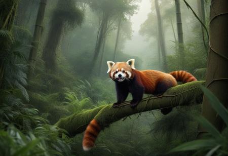 The image is a digital illustration of a mysterious and strange scene in a forest. The focal point of the image is a red panda perched high in the trees in the middle of the frame. The undergrowth is made up of bamboo. The background is filled with tall trees and ferns, creating a canopy of dense greenery. in the distance Himalayan mountain range