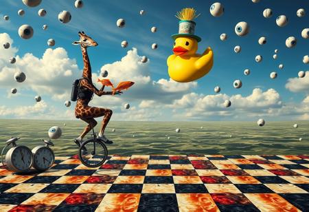 A giraffe wearing scuba gear rides a unicycle across a sea of melting clocks. The giraffe juggles neon-colored fish while balancing a top hat made of spaghetti on its head. In the background, a giant rubber duck with the face of Salvador Dalí floats in a sky filled with floating eyeballs. The ground is covered in a chessboard pattern, but instead of black and white squares, it alternates between squares of bubble wrap and squares of crispy bacon.
