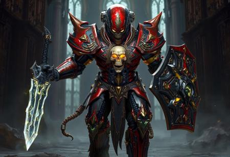 A fearsome Alien Stealthbuster strides forward with lethal purpose, its crimson-and-ebony battle armor gleaming with ornate gold filigree. The warrior's terrifying visage is accentuated by a glowing skull emblem on its chest plate, pulsing with otherworldly energy. In its right hand, a massive crystalline sword crackles with power, while its left arm bears an angular shield humming with defensive force fields.Blends H.R. Giger's biomechanical horror with Syd Mead's futuristic designs. The armor's skeletal motif recalls Dark Souls boss aesthetics, while the fortress architecture evokes Warhammer 40K's gothic grandeur.
Created as a flagship character for AAA sci-fi games or blockbuster film concept art. Currently trending on ArtStation for its: