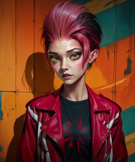 art3mis,yellow eyes,pink hair,short hair,colored skin,
black shirt,red jacket,belt,
standing,upper body,
science fiction,city,
(insanely detailed, beautiful detailed face,beautiful detailed eyes, masterpiece, best quality),<lora:art3mis:0.8>,