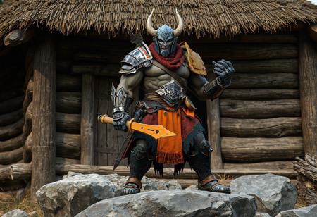 “Hyperdetailed cinematic concept art of Golgoil the Steel Seismic Smasher, a muscular man with a blue helmet and orange armor, gripping an orange weapon in his right hand, standing on a gray rock in front of a rustic wooden structure with a thatched roof. The figure dominates the foreground, with the wooden backdrop adding depth and context. Rendered in Octane, cinematic lighting, 8k resolution, 35mm film grain, intricate details, trending on ArtStation and CGSociety. Inspired by the styles of Jesper Ejsing, RHADS, Makoto Shinkai, Lois van Baarle, Ahmad Aenami, Ross Tran, Ilya Kuvshinov, and Ross Draws. Award-winning, photorealistic, and highly detailed, with a focus on texture and composition.”