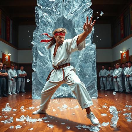 A  karate man performing a karate pose,Ice wall with a hole in the center background, in a dojo setting, ((Sean Connery)) , Bandana, long hair, jersey, white sneakers, muscular, 2 meters tall,Ice pieces are scattered on the floor. he has a determined expression, wearing a traditional white karate gi with a colored belt.  and spectators are watching in awe in the background. The dojo features wooden flooring and colorful banners on the walls, with bright lighting highlighting the action and the scattering ice shards.
masterpiece,