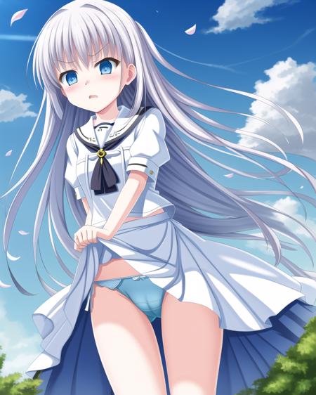 masterpiece, best quality, highres, {beautiful detailed eyes}, finely detail, Depth of field, 4k wallpaper, bluesky, cumulus, wind, insanely detailed frilled skirt, extremely detailed lace, BLUE SKY, very long hair, There are many scattered luminous petals, colorful flowers, Depth of field, 
(white serafuku and short white skirt:1.1), (endlessly growing absurdly long hair:1.2), (thick thighs:1.0), (skirt lift and white fundoshi and cameltoe:1.0), (shy and blush and angry:1.1), (from below:1)