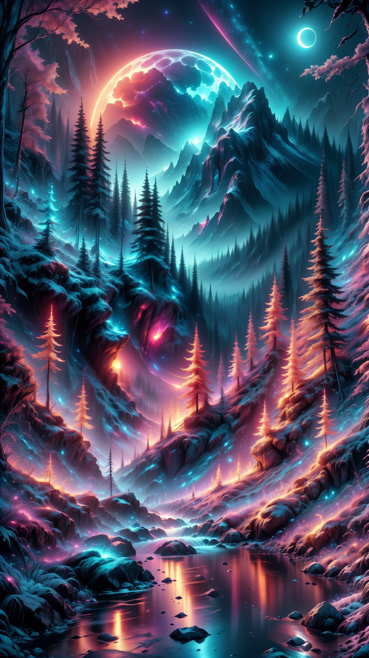 A beautiful night mountainside forest landscape photo, mysterious glowing colors, extremely detailed, bright moonlight, vi...