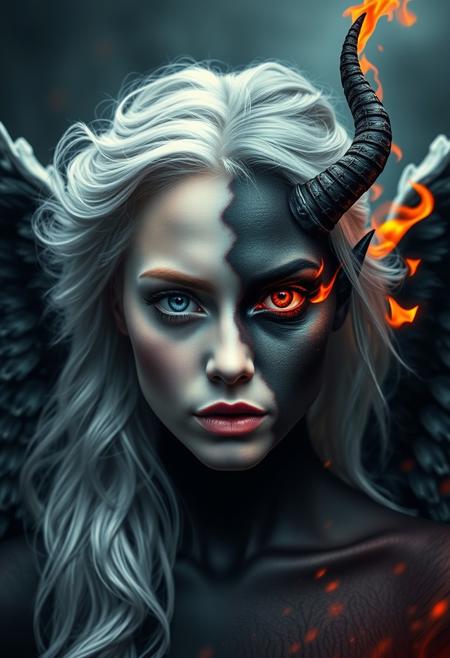 Misty Valley, a close-up of a mysterious female entity, one half of her body and face is beautiful, angelic appearance, blue eyes, white hair, the other half of her body and face is demonic, coal-black skin, red eye and hair are burning with fire, demonic horn, on her back are wings corresponding to each part of the body. Dark atmosphere, cinematic, masterpiece, clear focus.
Random background