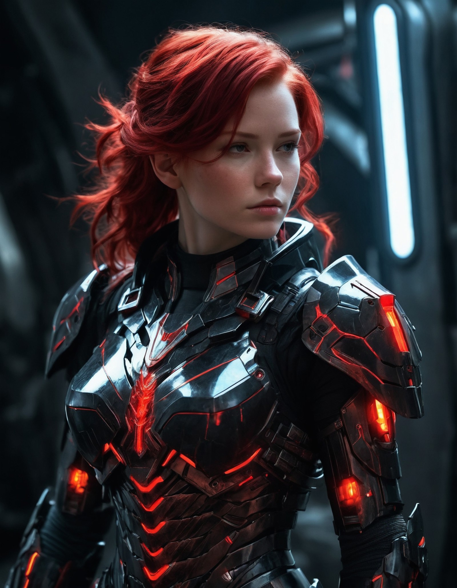 masterpiece, best quality, 1girl, sci-fi armor with black and red colors, glowing elements, redhair