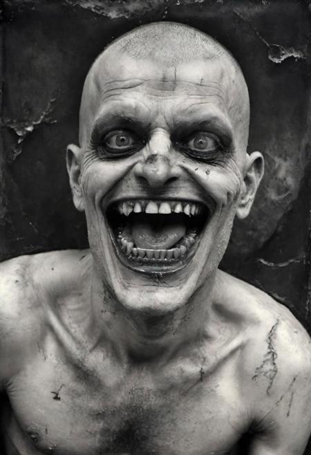 the male fool, smiling opened mouth, skinhead,  white eyes, grotesque environment, apocalyptic background, extremely beautiful, grunge black and white photography style, hyper-realistic, natural,  by Joel Peter Witkin