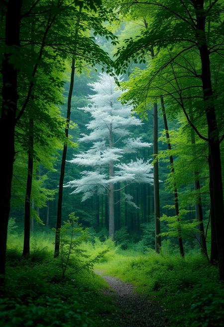 green forest but one tree is white, magical scene, detailed forest
