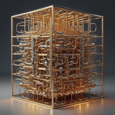 raw photograph of a surreal cube constructed entirely of interwoven brass pipes in qu4ntum style, glowing silver wires spiraling along the edges, intricate golden circuitry engraved across the surfaces, quantum energy pulses radiating softly from its hollow core, set against a dark void with swirling neon energy trails